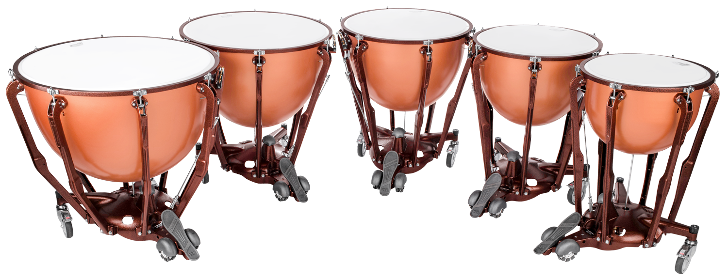 A set of four polished brass timpani drums